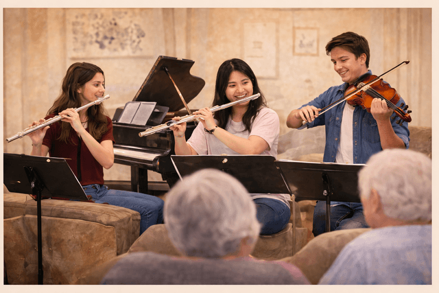 Student musicians performing together for seniors